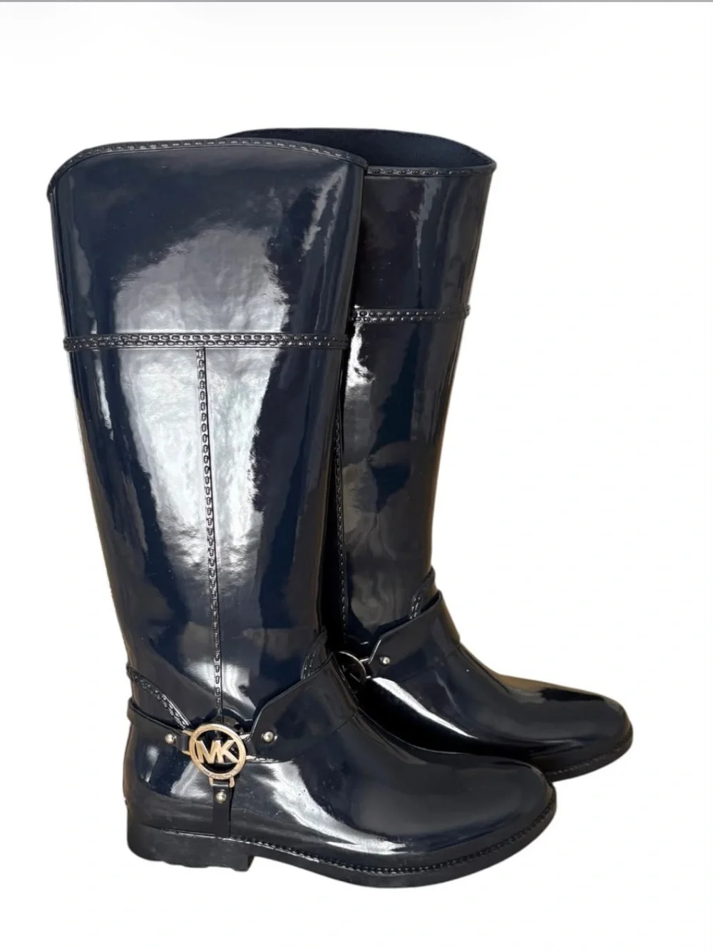 Michael Kors Fulton Harness Rain Boots Womens 9 Navy Glossy Tall Knee High MK